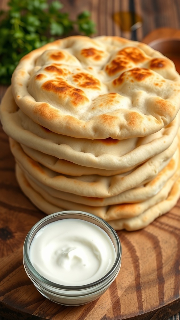 Freshly baked pita bread stacked with a bowl of Greek yogurt on a wooden table.